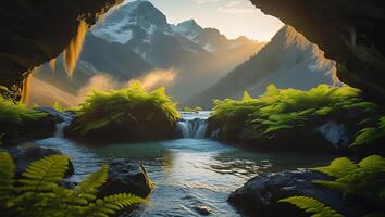 Cascading Waterfall Flowing Through Ferns with Mountains in the Background photo