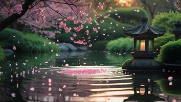 Cherry Blossoms Falling Into Pond with Stone Lantern in Garden photo