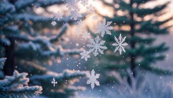 Falling Snowflakes with Winter Trees Create a Festive and Calm Atmosphere photo