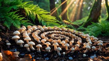 Mushrooms Growing in Spiral Formation on Forest Floor with Sunlight photo