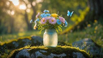 Flowers in Jar on Mossy Rock with Butterfly in Sunlight photo