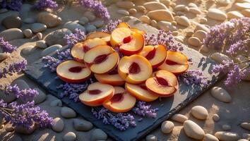 Sliced Peaches on Slate Surrounded by Lavender and Smooth Stones photo