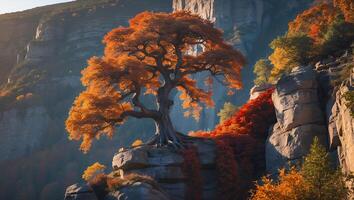 Majestic Tree on Cliffside with Autumn Colors Landscape Scenery photo