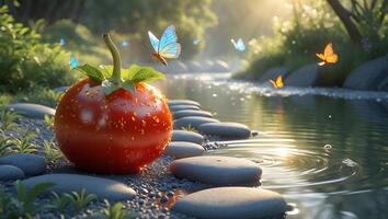 Surreal Red Fruit with Butterflies by Stream and Stepping Stones photo