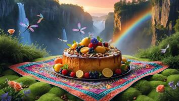 Cake with Fruits Waterfall and Rainbow Nature Scene Celebration photo