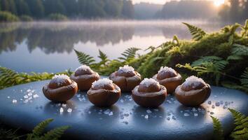 Macadamia Nuts with Salt Near a Lake at Sunrise Serene Mood photo