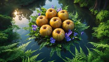Apples Floating on Water Surrounded by Ferns and Violet Flowers photo
