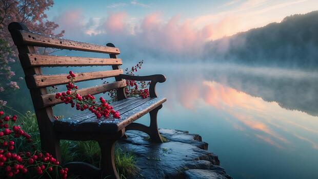 Wooden Bench with Red Berries Overlooking Foggy Lake at Dawn photo