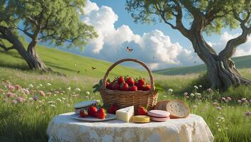 Picnic with Strawberries in Meadow Under Sky with Clouds and Trees photo