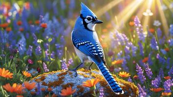 Blue Jay Perching on Rock Amidst Blooming Flowers in Sunlight photo