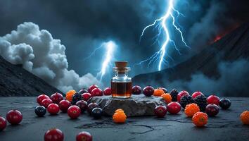 Bottle with Natural Remedy in Berry Setting with Dramatic Landscape photo