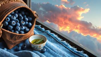 Blueberries in Leather Bag with Oil and Sky at Sunset photo