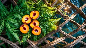 Halved Plums on Fern Leaves with Decorative Twig Background photo