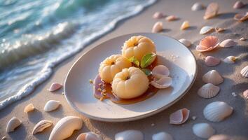 Dessert Plate on Sandy Beach with Seashells and Ocean Waves photo