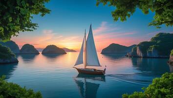 Sailing at Sunset Serenity Calm Water Scenic Coastline View photo