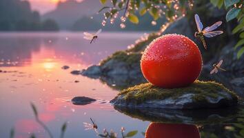 Red Sphere in Misty Waters with Dragonflies at Soft Sunset Glow photo