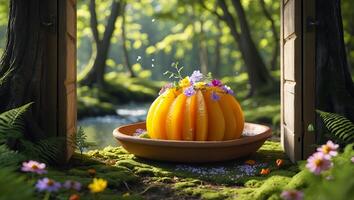 Orange Fruit Dessert with Flowers in a Forest Glade Setting photo