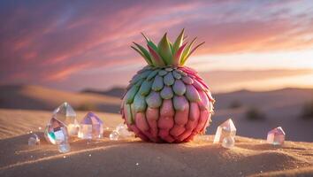 Fantasy Fruit on Sand with Crystals and Sunset Hues photo