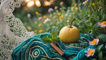 Yellow Asian Pear with Cinnamon and Mint on Teal Fabric photo