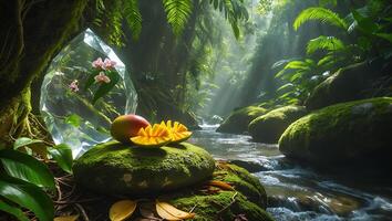 Mango on Mossy Rock by Stream in Jungle with Crystal photo