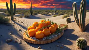 Oranges on Board in Desert at Sunset with Cactus Silhouette photo