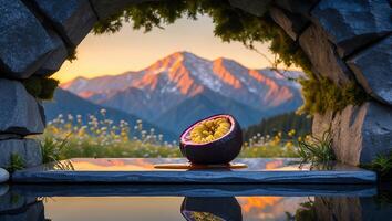 Passion Fruit Still Life with Mountain View and Water Reflection photo