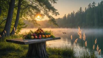 Fruit Basket on Table by Foggy Lake at Sunrise in Nature photo