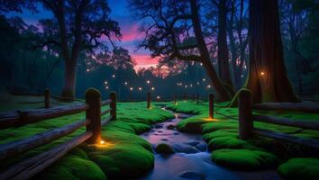 Creek Flowing Through Mossy Forest at Twilight with Lighted Path photo