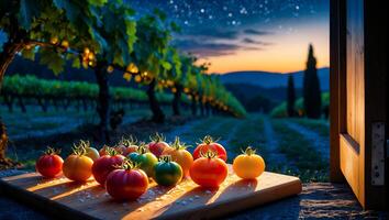 Fresh Tomatoes at Vineyard Edge During Sunset Open Door View photo