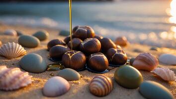 Pouring Oil Onto Nuts and Shells on Sandy Beach at Sunset photo