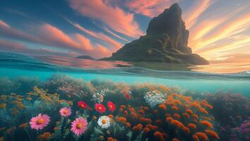 Underwater Flowers Bloom Beneath an Island Against a Colorful Sunset Sky photo