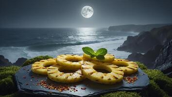 Grilled Pineapple Rings with Mint and Sea View Under Moonlight photo