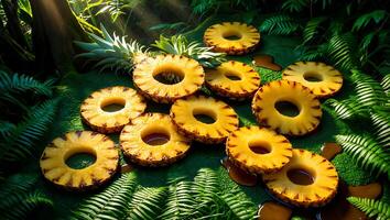 Grilled Pineapple Rings on Tropical Ferns in a Natural Setting photo