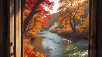 River Flows Through Autumn Landscape Viewed From Rustic Cabin Doorway photo