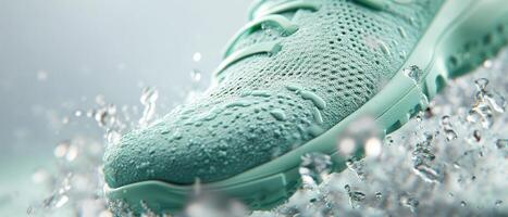 Teal Athletic Shoe Close Up With Water Drops. Knitted Surface and Clean Background. Fashionable Sport Equipment Footwear. Futuristic Clothing Material photo