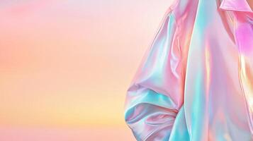 Shimmering Fabric with Iridescent Glow Displays Future Style over Soft Hues Background Showcasing Fashion Elements photo