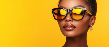 Woman with Glasses against Yellow Backdrop. Modern Style. Futuristic Look. Fashion and Beauty. Elegant. Bold Colors. photo
