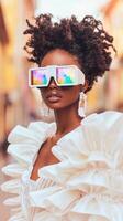 Elegant Female with Afro and White Ruffle Dress. Sporting Futuristic Glasses with Rainbow Reflections for Fashionable Modern Look. photo