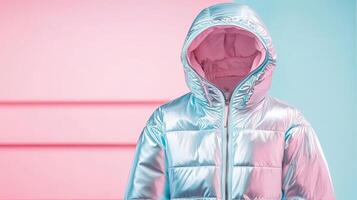 Hooded Padded Garment Displayed on Colorful Backdrop Concept Fashion Futuristic Metallic Design Style photo