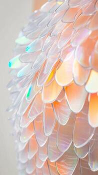 Iridescent Scales Overlapping. Garment Detail. Texture of Futuristic Fashion. Glimmering Surfaces Reflecting Light. Conceptual Fabric with Shimmering Effect. photo