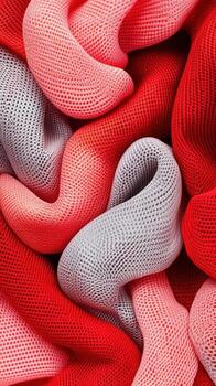 Abstract Knitted Forms. Red Pink Silver Mesh. Interwoven Textile Structure. Light and Shadow Play. Fashion Element. Futuristic Design. photo