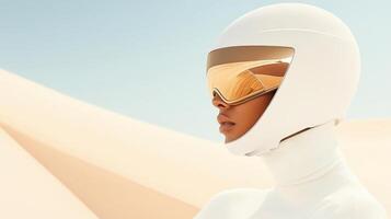 Person Wearing Futuristic White Helmet and Goggles Posing Outdoors. Modern Style Outfit. Apparel Design. Fashionable Concept photo