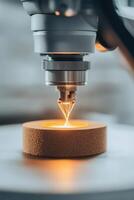 Precision machine tool working on surface. Milling head with orange liquid coolant. Industrial process equipment with bright light. Gray background. photo