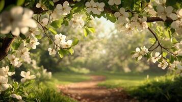 Blossoms open in spring garden. Path winds through peaceful green space. White petals and leaves on flowering branches arch overhead. Light shines through trees. photo