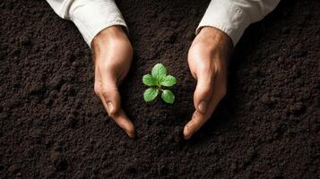 Hands protect small plant growing in dark soil. Nurturing plant seedling during gardening. Cultivating new life in ground. photo