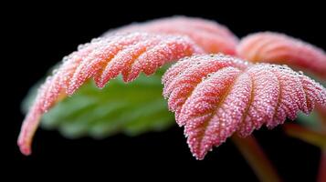 Pink Leaf Close Up with Water Droplets on Black Background for Gardening photo