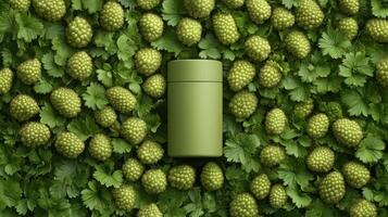 Green Container Surrounded By Lush Garden Leaves and Small Green Fruits Represents Gardening Season and Natural Elements photo
