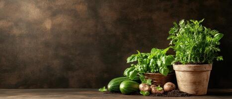 Fresh herbs in pot. Green vegetables and mushrooms. Still life on dark background. Gardening concept. photo
