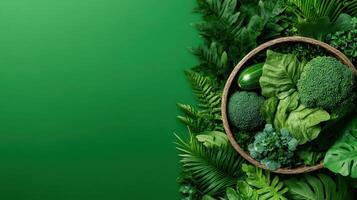 Green Vegetables and Lush Foliage in Round Woven Basket Against Solid Green Backdrop, Healthy Gardening Elements Concept, Abundant Tropical Garden Plants photo