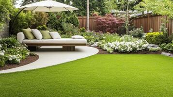 Lush green lawn and beautiful gardening. Patio area with sunshade umbrella. Comfortable sofa, pillows and a variety of garden plants and trees with privacy fence. photo